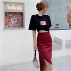 Short-sleeve Printed T-shirt / Plaid Slit Midi Pencil Skirt