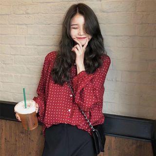 Print Long-sleeve Loose-fit Blouse Red - One Size