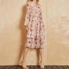 Long-sleeve Floral Print Layered Midi A-line Dress