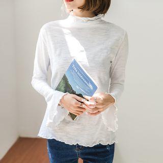 Mock-turtleneck Bell-sleeve Melange T-shirt