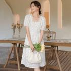 Short-sleeve Floral Print Lace Trim Midi A-line Skirt