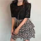 Lace Elbow-sleeve Top / Leopard Print High-waist Mini Layered Skirt