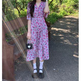 Puff-sleeve V-neck Puff-sleeve Floral Printed Dress