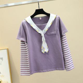 Shawl Collar Striped Long-sleeve T-shirt