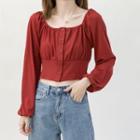 Long-sleeve Square-neck Button Cropped Top