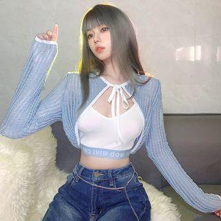 Tie-front Cropped Cardigan Blue - One Size