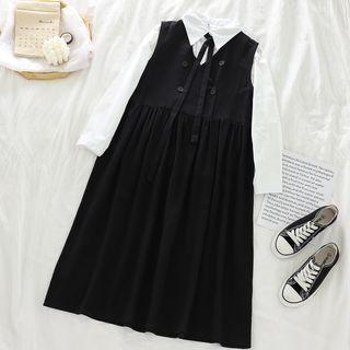 Long-sleeve Tie Neck Plain Shirt / Sleeveless Double Breast Dress