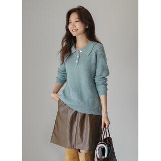 Collared Fluffy Ribbed Knit Top