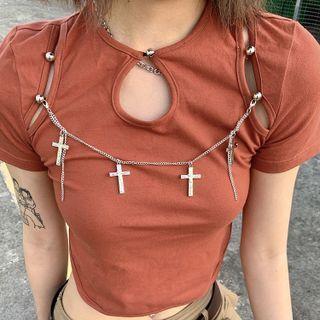Short-sleeve Cutout Chain Accent Cropped Top