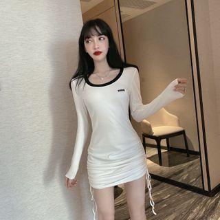 Drawstring Lettering Long-sleeve Mini Sheath Dress