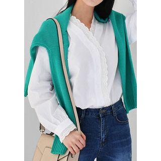 V-neck Lace-trim Cotton Blouse