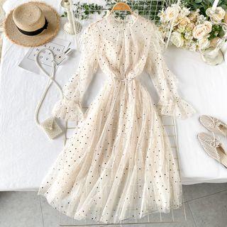 Set: Sequined Long-sleeve Midi A-line Dress + Slipdress