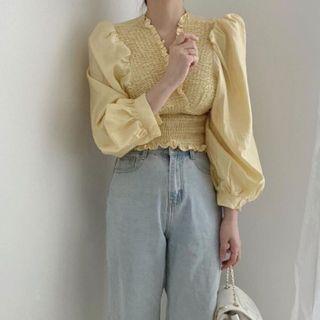 Lantern-sleeve V Neck Shirred Ruffle Trim Crop Top