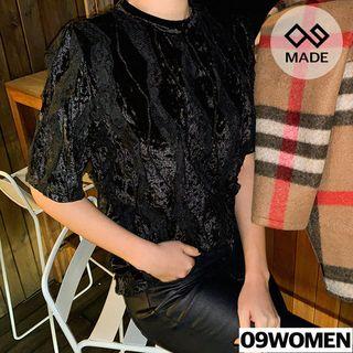 Tall Size Lace-trim Elbow-sleeve Velvet T-shirt