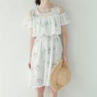 Short-sleeve Cold Shoulder Floral Print A-line Dress Floral - White - One Size