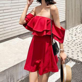 Elbow-sleeve Off Shoulder Ruffled A-line Dress