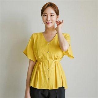 V-neck Shirred Peplum Blouse
