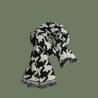 Patterned Tasseled Scarf Gray & Black - One Size