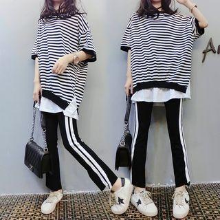 Set: Elbow-sleeve Striped T-shirt + Contrast Trim Pants