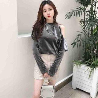 Long-sleeve Ruffle Cutout Velvet Top