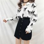 Dog Print Shirt/ Button-front A-line Skirt