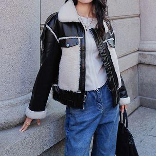 Faux Leather Fleece Panel Jacket