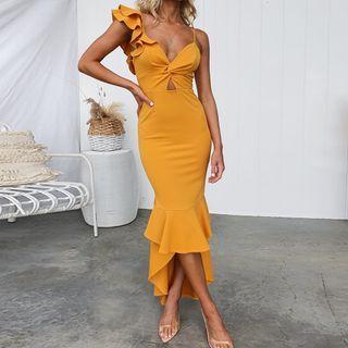 Spaghetti-strap Asymmetrical Ruffled Midi Sheath Dress