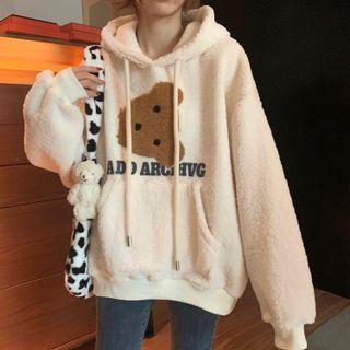 Lettering Bear Print Fleece Hoodie