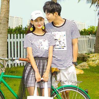 Couple Matching Striped Print Short-sleeve T-shirt / T-shirt Dress