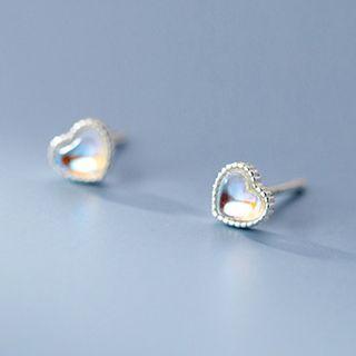 925 Sterling Silver Heart Stud Earring 1 Pair - Silver - One Size