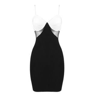 Spaghetti Strap Two-tone Mesh Panel Mini Bodycon Dress