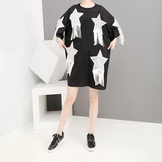 3/4-sleeve Sequin Star Shift Dress Black - One Size