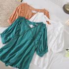 V-neck Ruched Puff-sleeve Open-back Top