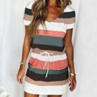 Short-sleeve V-neck Striped Print Mini A-line Dress