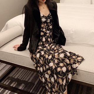 Single-breasted Blazer / Spaghetti Strap Midi A-line Dress