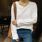 Plain V-neck Long-sleeve Loose-fit T-shirt