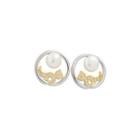 Sterling Silver Simple Fashion Geometric Round Cat Freshwater Pearl Stud Earrings With Cubic Zirconia Silver - One Size