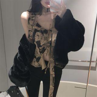 Sleeveless Halter Print Top / Jacket / Slit Boot-cut Pants