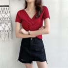 Short-sleeve Knot Detail Ribbed Knit Top