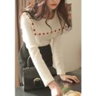 Flower-embroidered Sailor-collar Knit Top