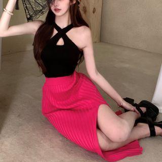 Sleeveless Halter Neck Knit Top / Maxi Pencil Skirt