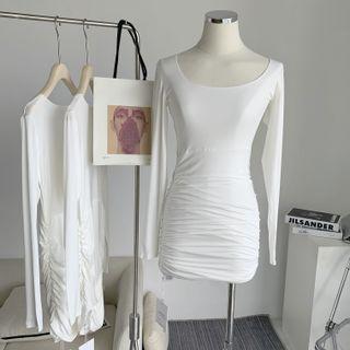 Long-sleeve Plain Ruched Shaping Dress