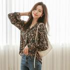 Scarf-neck Shirred Floral Blouse