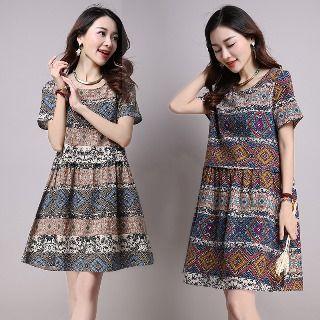 Short-sleeve Argyle Patterned A-line Dress