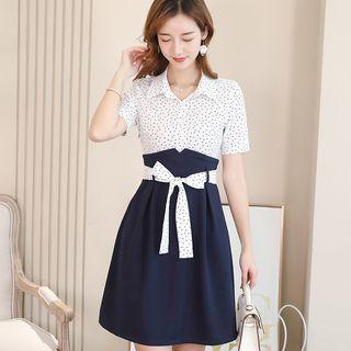 Dotted Short-sleeve Mock Two-piece A-line Dress