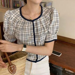 Short-sleeve Contrast Trim Plaid Coat As Shown In Figure - One Size