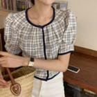 Short-sleeve Contrast Trim Plaid Coat As Shown In Figure - One Size