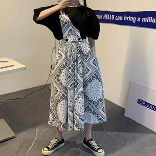 Puff-sleeve Plain Top / Cropped Paisley Print Wide-leg Suspender Pants
