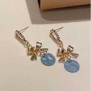 Bow & Disc Dangle Earring 1 Pair - Blue & Gold - One Size