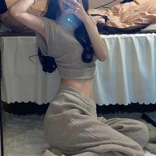 Cap-sleeve Mock-neck Open-back Knit Crop Top / Pants